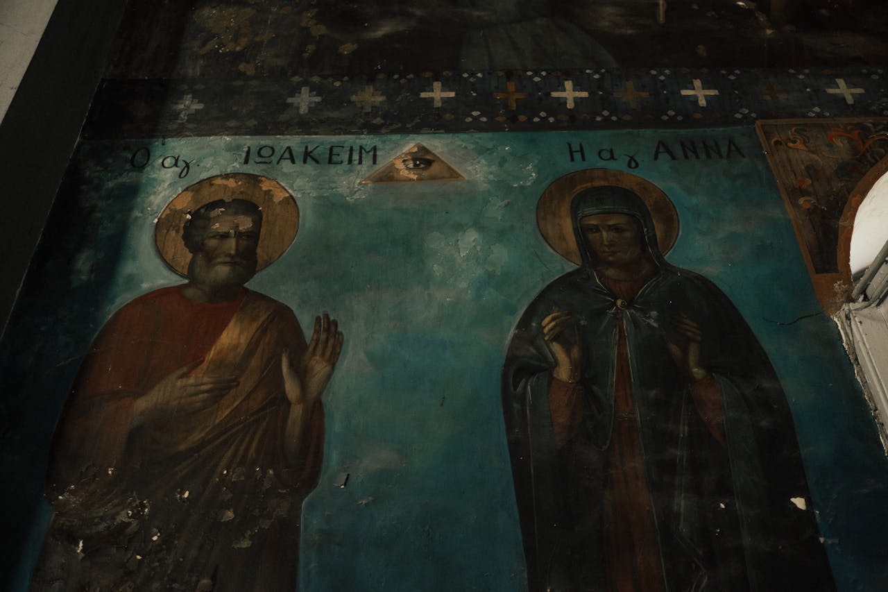 Detailed religious fresco depicting Orthodox saints Joachim and Anna in traditional style.