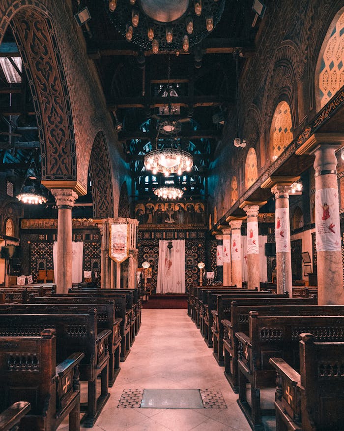 Explore the stunning architecture of an ancient church interior in Cairo, showcasing rich details and cultural heritage.